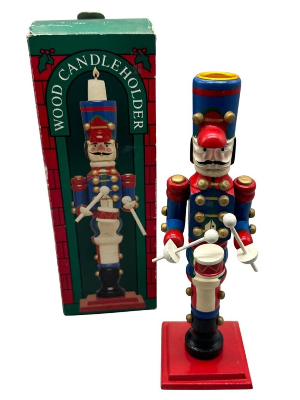 Wood Candleholder Nutcracker Soldier Figurine Handcrafted Drum Christmas